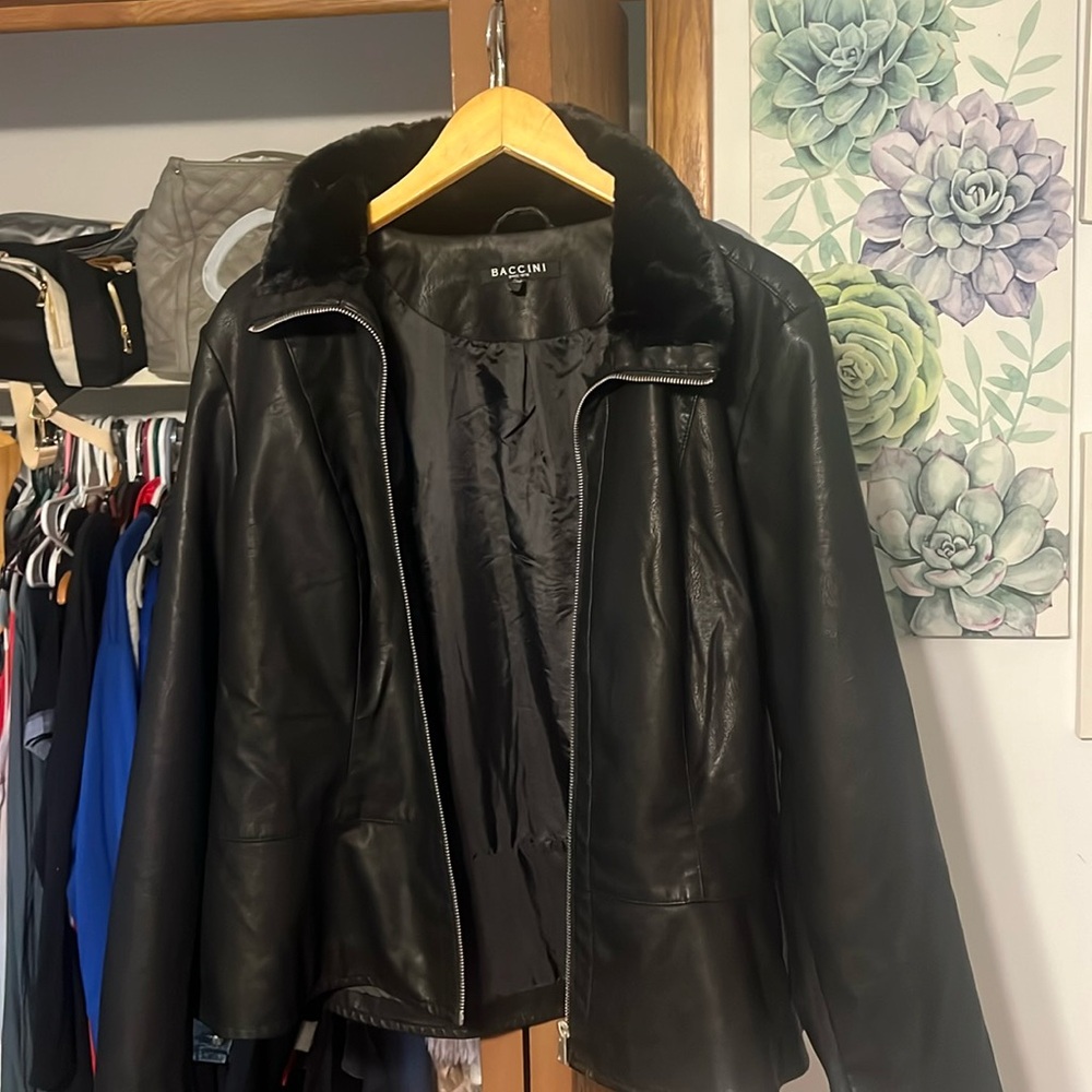 Baccini black faux leather coat